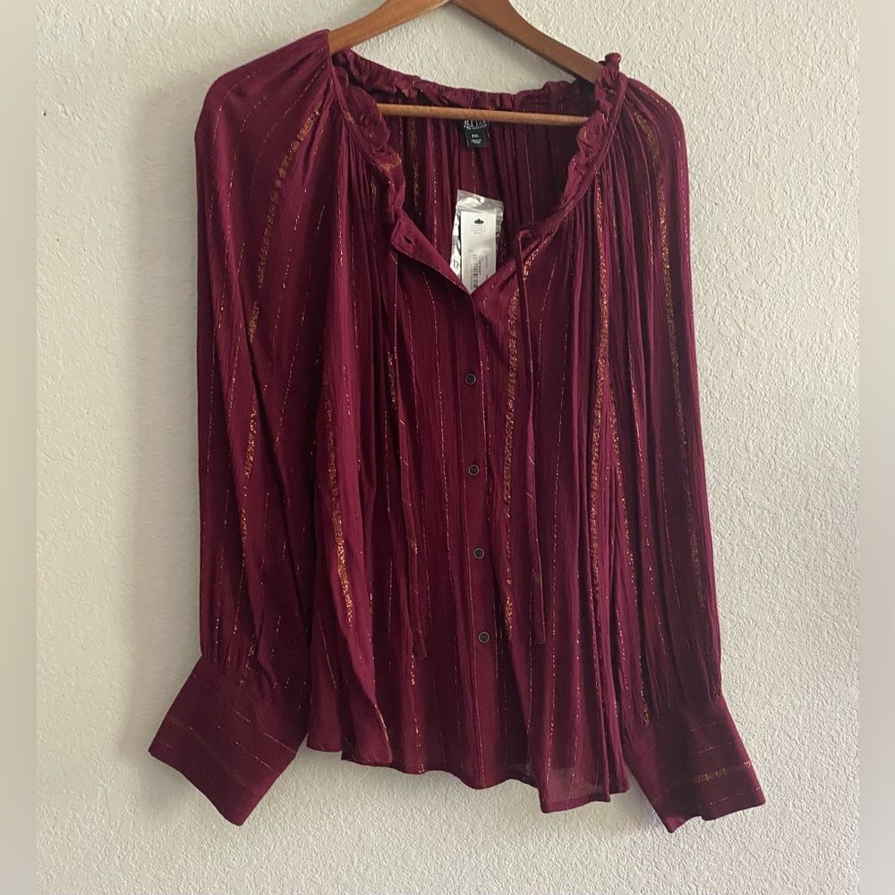 A.n.a Women's Deep Red Ruffle Trim Button Front Blouse Metallic Stripes PXL Fall